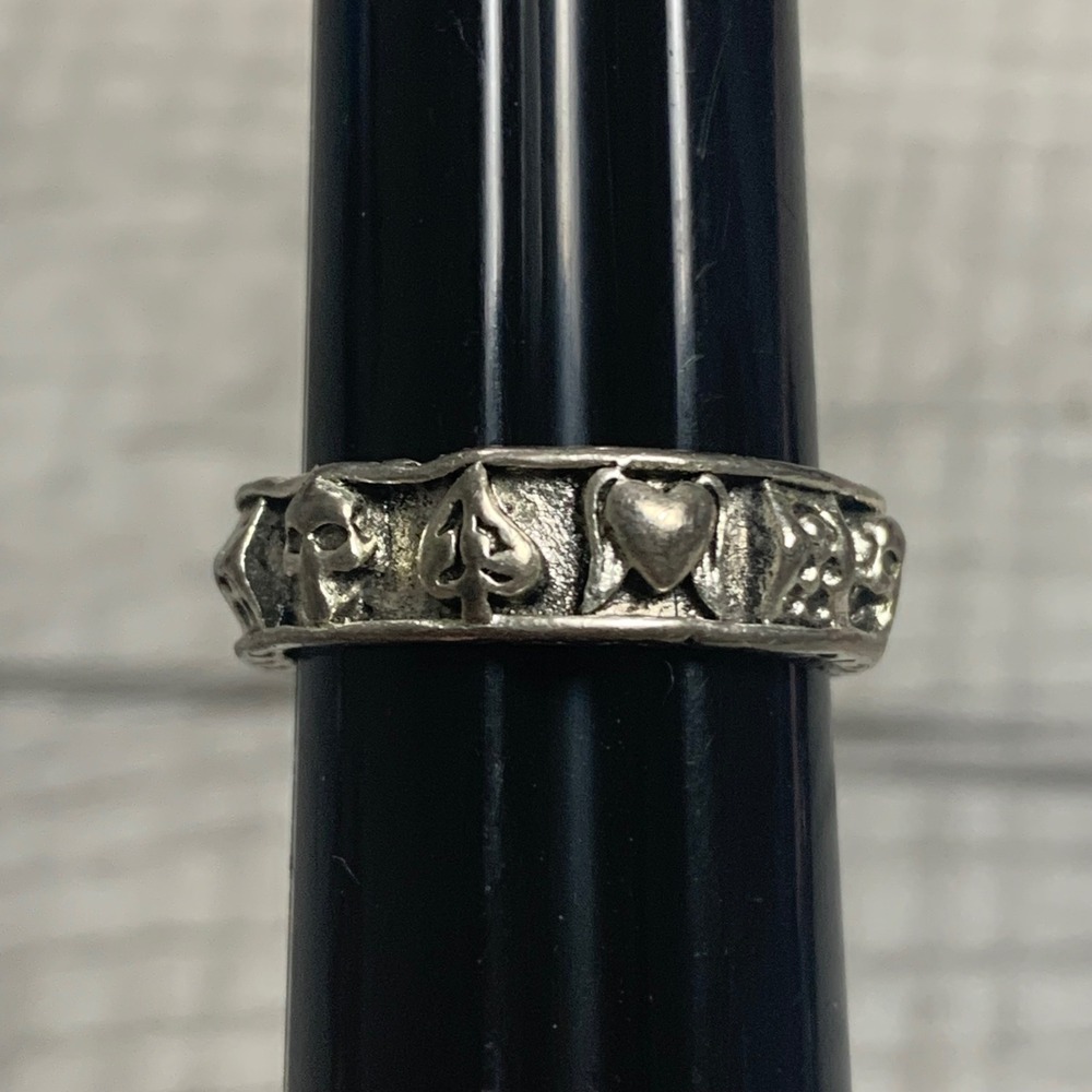 Vintage Gothic Skull Spade Winged Heart Dice Silver Tone Band Ring Size 8.75